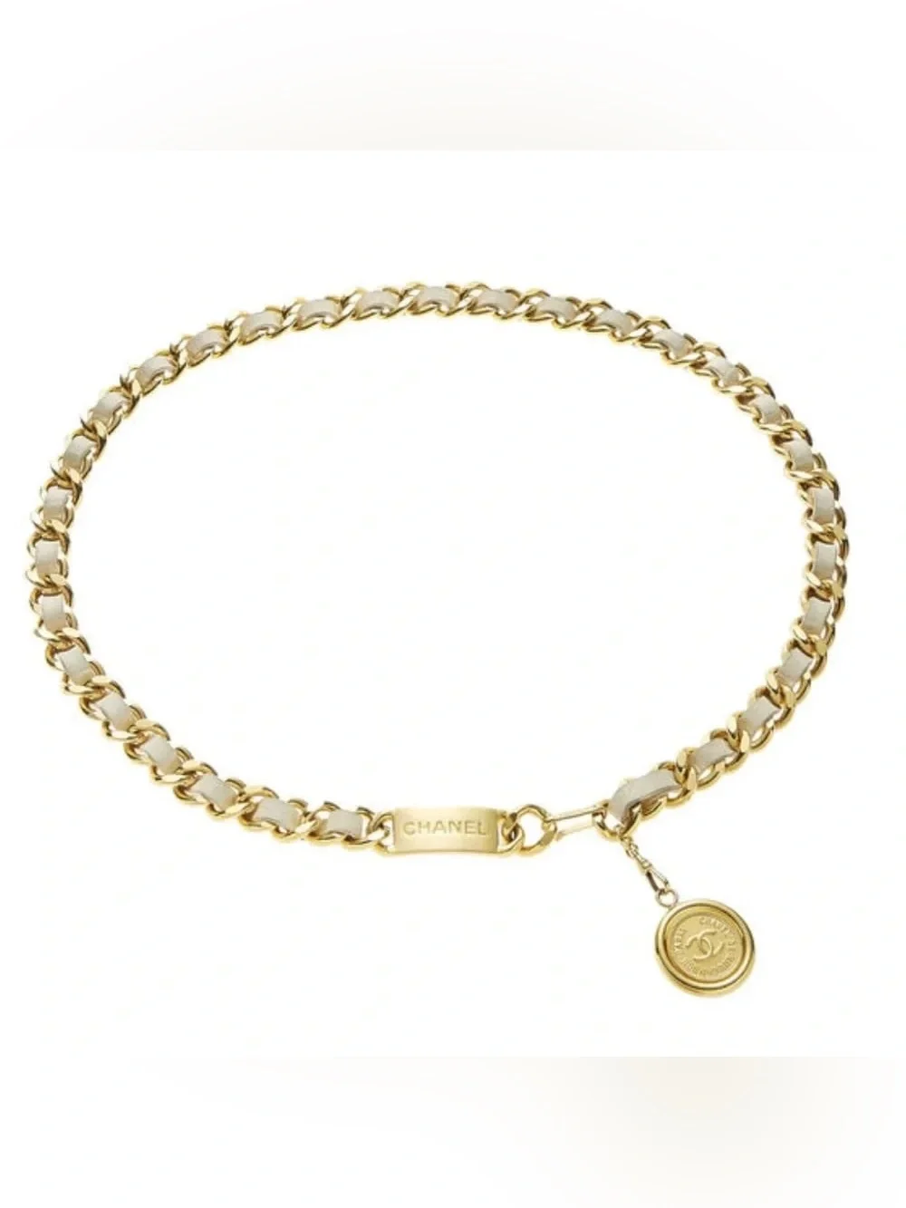 Authentic CHANEL vintage beige leather chain medallion belt 75cm